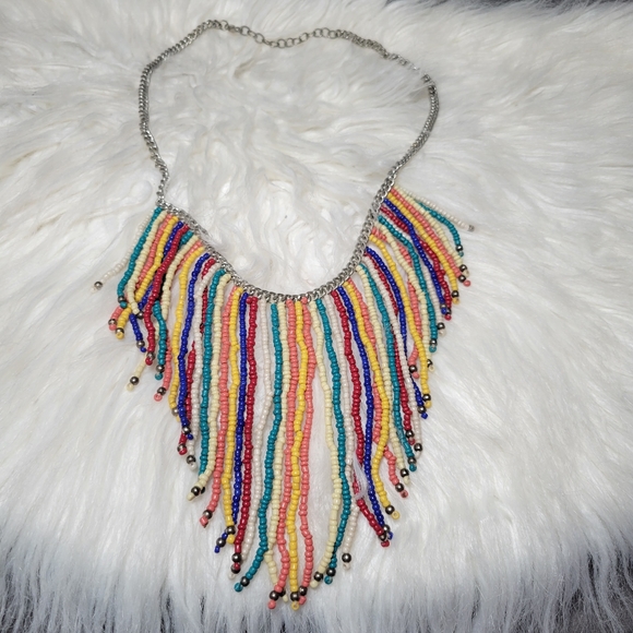 Rainbow Multicolored Beaded Fringe Necklace